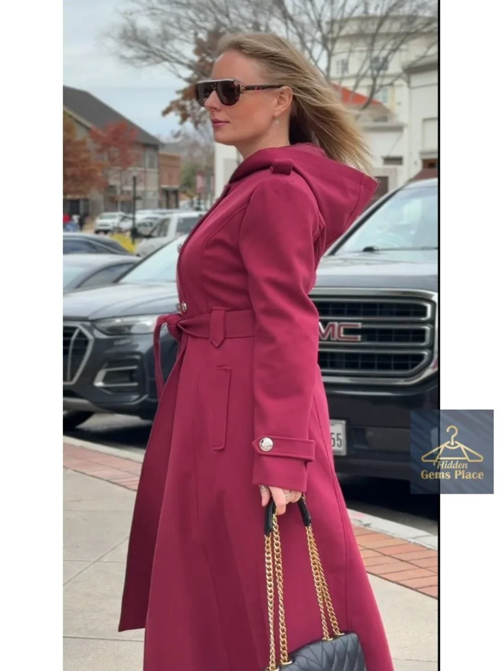 Women's Extra Long Double-Breasted Hooded Wool Blend Trench Coat